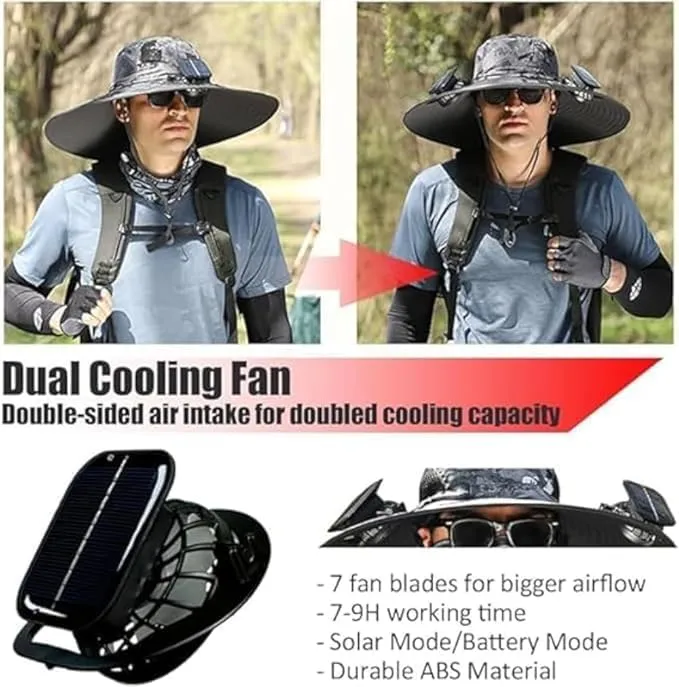 Solar Powered FanHat, Solar Fan Hat with Fans Solar Power, Outdoor Wide Brim Sun Hat with Solars Fan