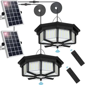 Solar Shed Lights Indoor Outdoor, Aqonsie 288LED Solar Powered Motion Sensor Pendant Light Daytime Available, Solar Indoor Light with 5 Lighting Modes & Remote for Shed Gazebo Barn Garage Home, 2 Pack