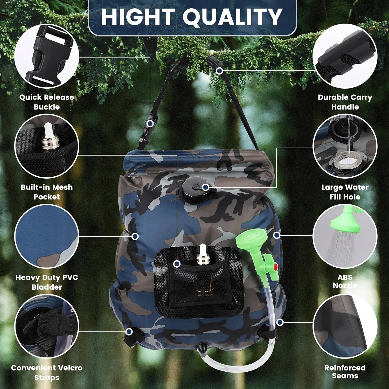 Solar Shower Bag, Portable Solar Shower for Camping, 5 Gallons/20L Camping Shower Bag with Removable Hose and On-Off Switchable Shower Head, Portable Shower for Camping, Hiking, Beach Swimming