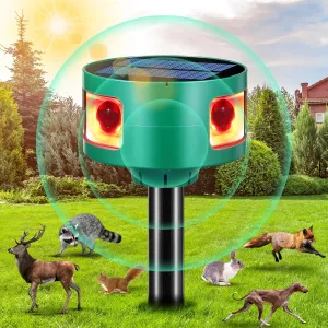 Solar Ultrasonic Animal Repeller Outdoor, 360° Animal Deterrent Cat Repellent Deer Repellent Devices with Motion Sensor, Flashing Lights, Alarm Sound Control for Dog Squirrel Raccoon Rabbit Skunk Bird
