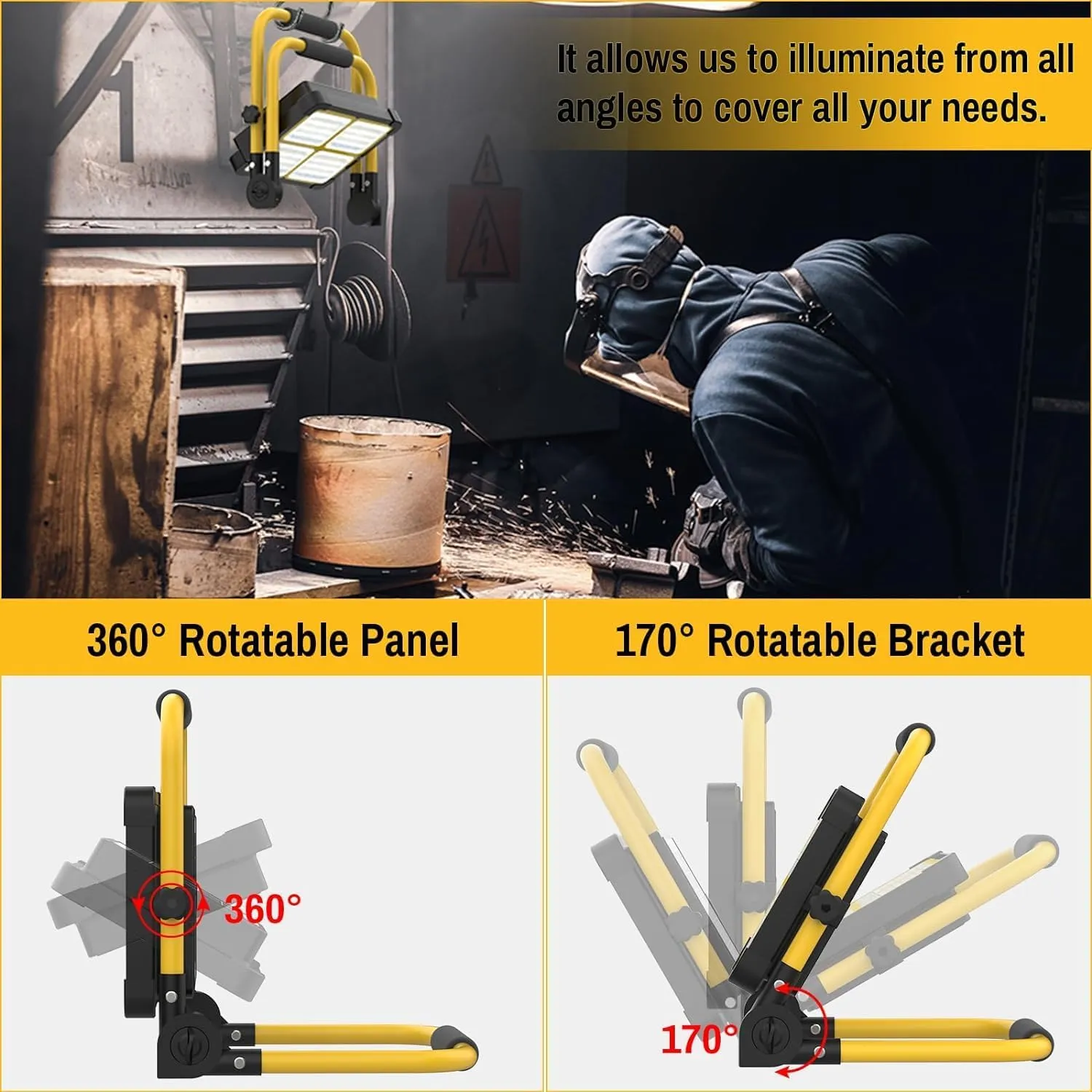 Solar Work Light Rechargeable Spotlight with Stand, MASMEJOR Rechargeable Work Light 12000mAh/ 10000LM/ 336 LEDs/ 4 Lighting Modes, LED Work Light for Outdoor Emergency, Camping, Car Repair