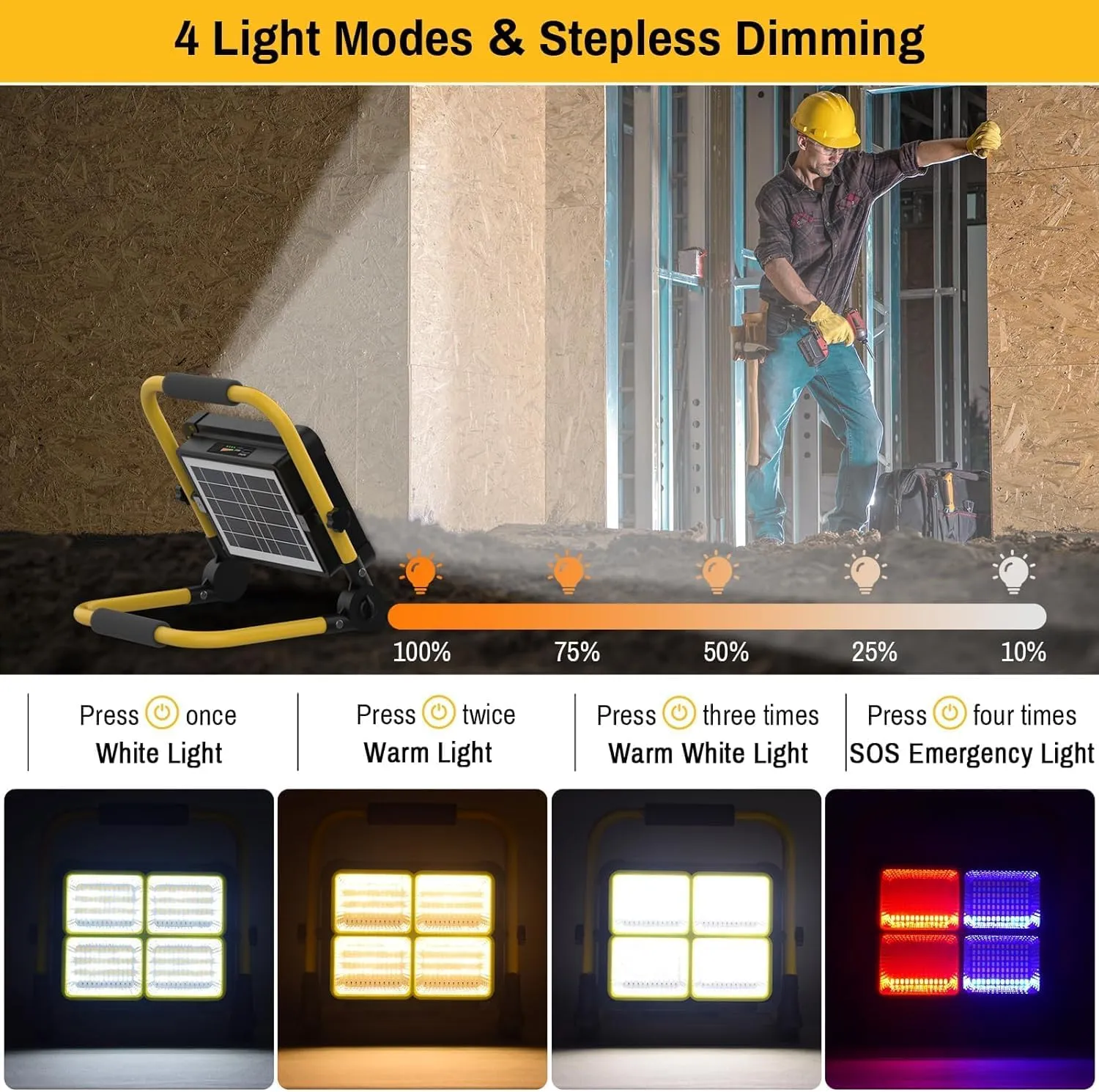 Solar Work Light Rechargeable Spotlight with Stand, MASMEJOR Rechargeable Work Light 12000mAh/ 10000LM/ 336 LEDs/ 4 Lighting Modes, LED Work Light for Outdoor Emergency, Camping, Car Repair