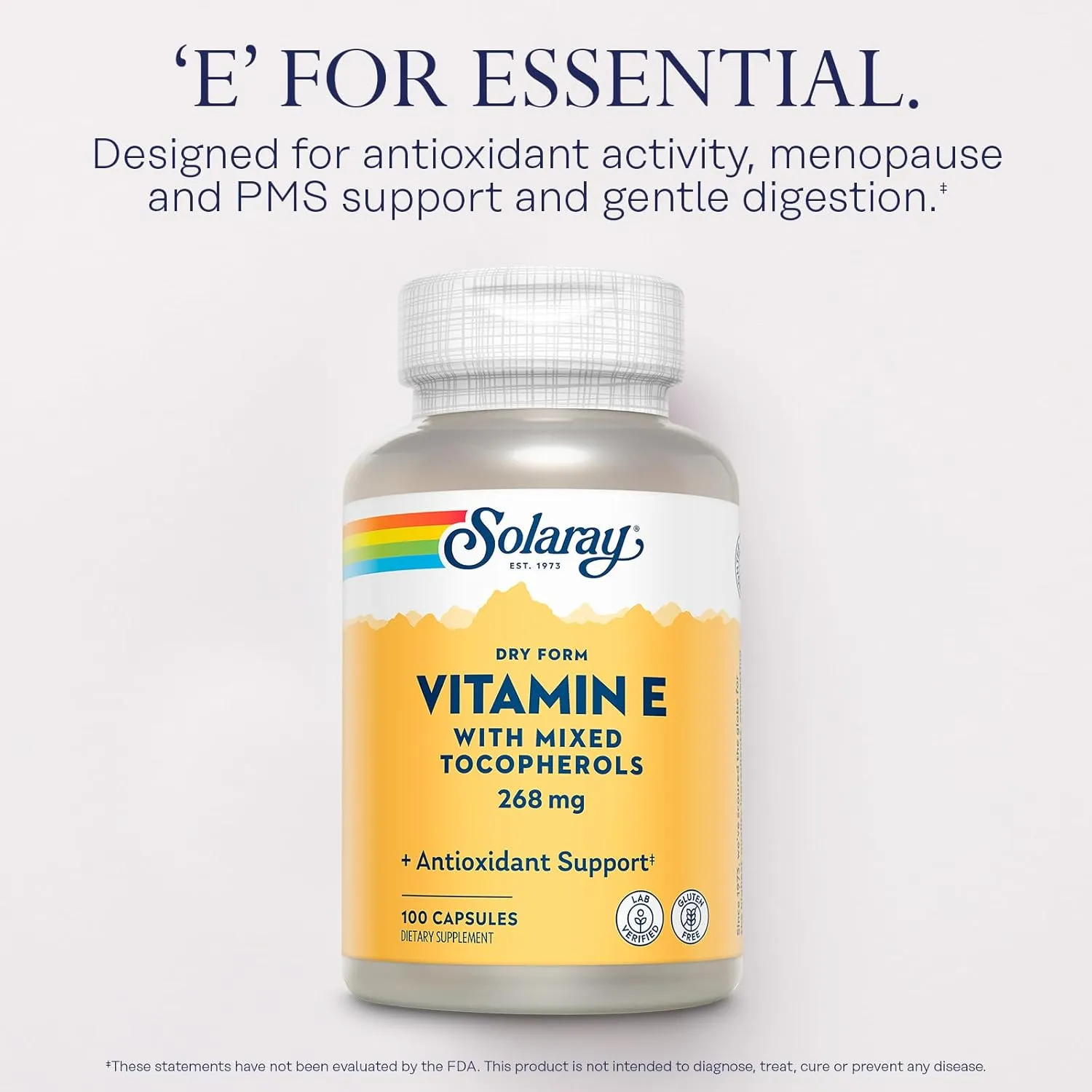 SOLARAY Vitamin E 400 IU (268mg), Dry Form - Natural Source, Mixed Tocopherols Vitamin E - Antioxidant Supplement, PMS and Menopause Support - 60-Day Guarantee, Lab Verified - 100 Serv, 100 Capsules