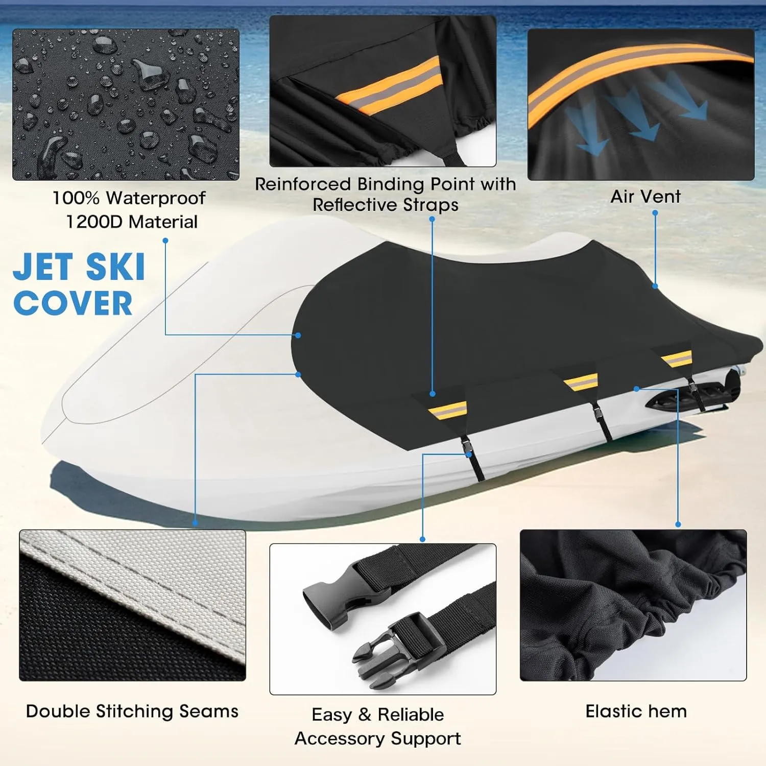 Solim Trailerable Jet Ski Cover, 1200D PU Oxford Waterproof PWC Cover, Heavy Duty Polyester Marine Grade Jetski Cover with Strap & Reflective Air Vent for Kawasaki Sea-Doo Yamaha 2-3 Seater Gray&Black