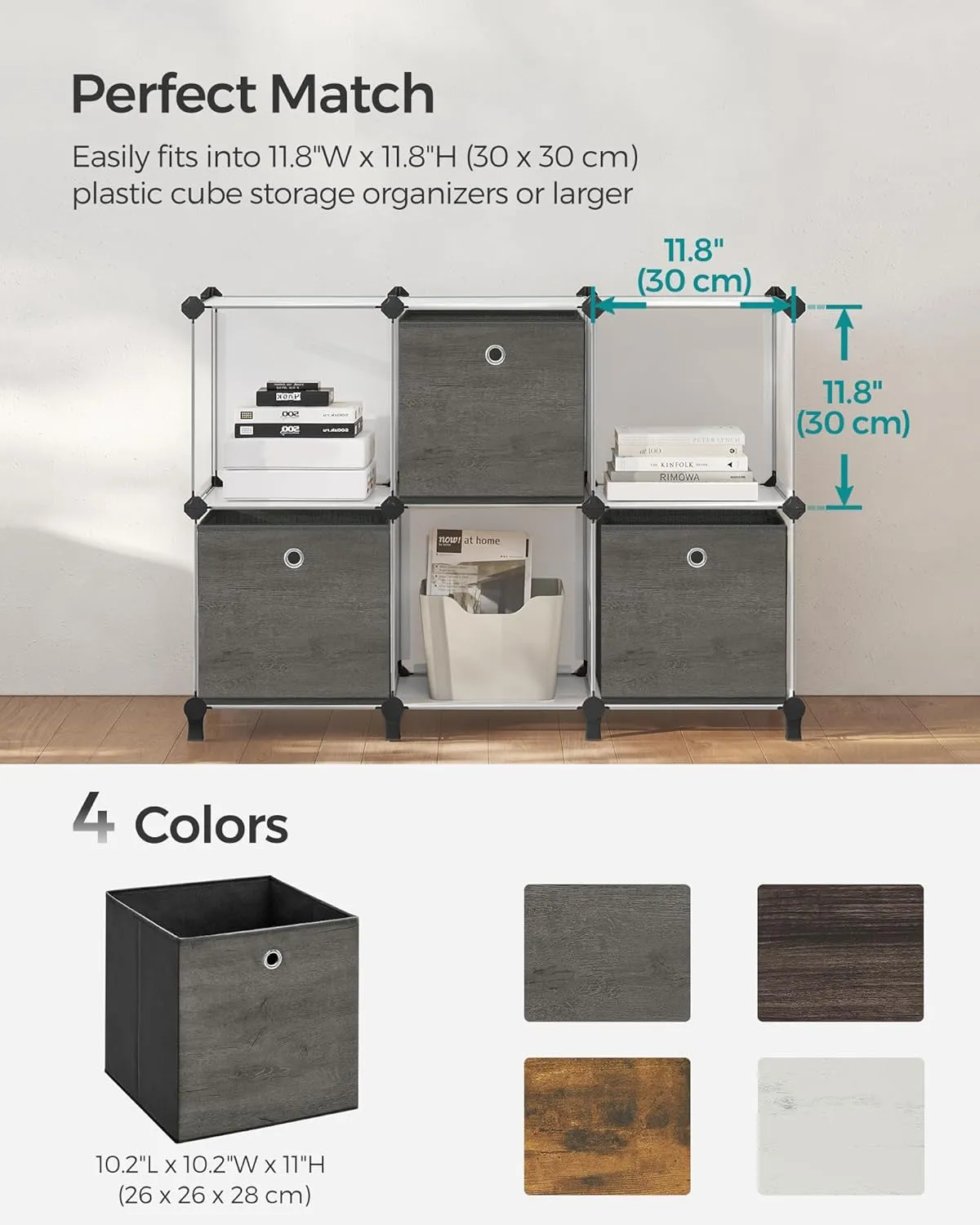 SONGMICS Storage Cubes, Set of 6 Storage Bins with Handles, Foldable Oxford Fabric and Non-Woven Fabric Storage Boxes, 10.2 x 10.2 x 11 Inches, Fit Cube Storage Unit, Misty Gray URFB126G01