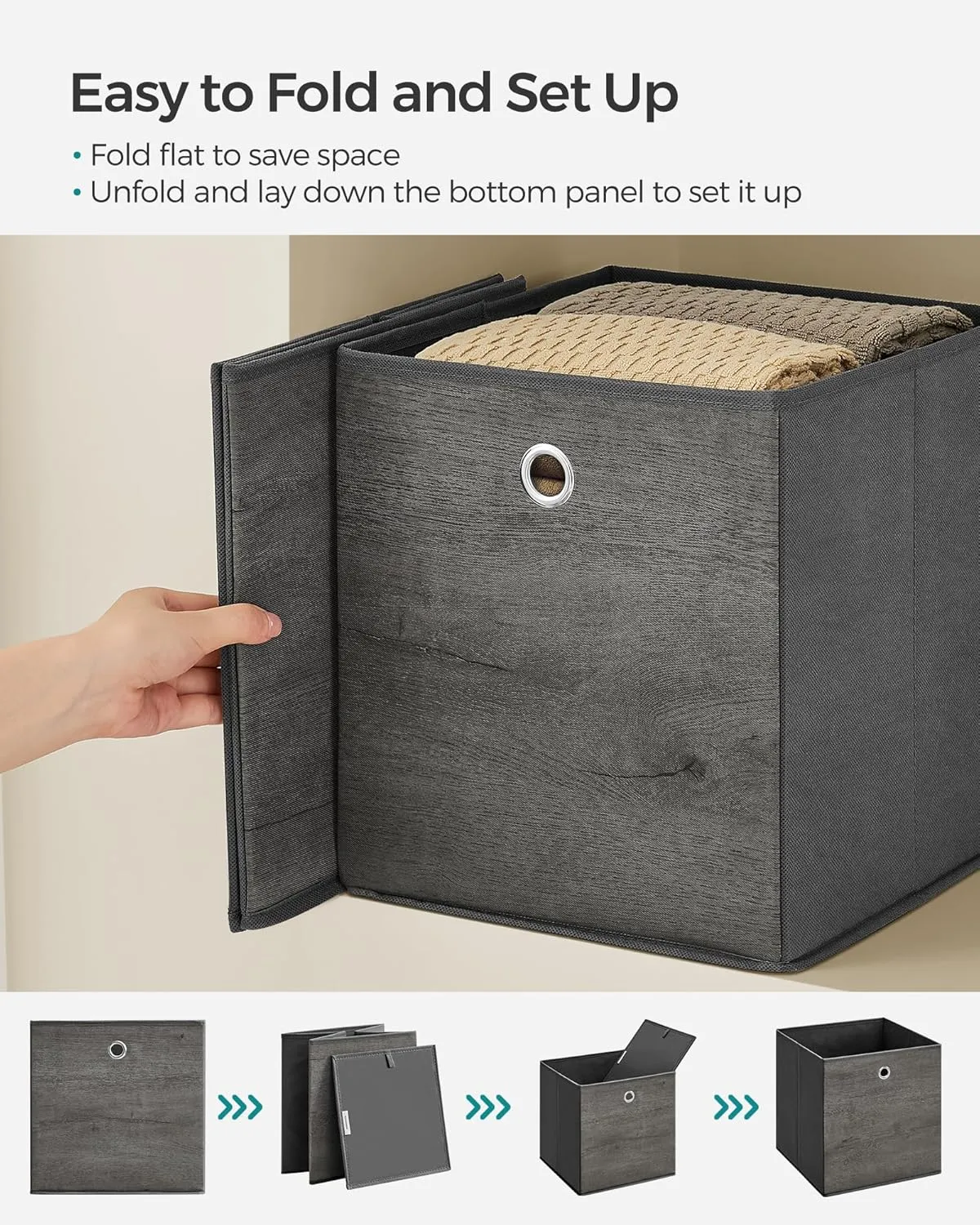 SONGMICS Storage Cubes, Set of 6 Storage Bins with Handles, Foldable Oxford Fabric and Non-Woven Fabric Storage Boxes, 10.2 x 10.2 x 11 Inches, Fit Cube Storage Unit, Misty Gray URFB126G01