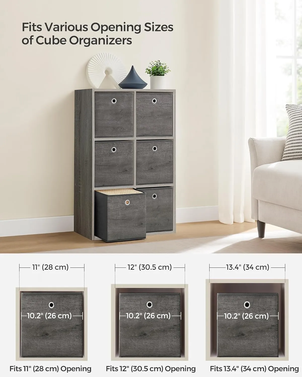 SONGMICS Storage Cubes, Set of 6 Storage Bins with Handles, Foldable Oxford Fabric and Non-Woven Fabric Storage Boxes, 10.2 x 10.2 x 11 Inches, Fit Cube Storage Unit, Misty Gray URFB126G01