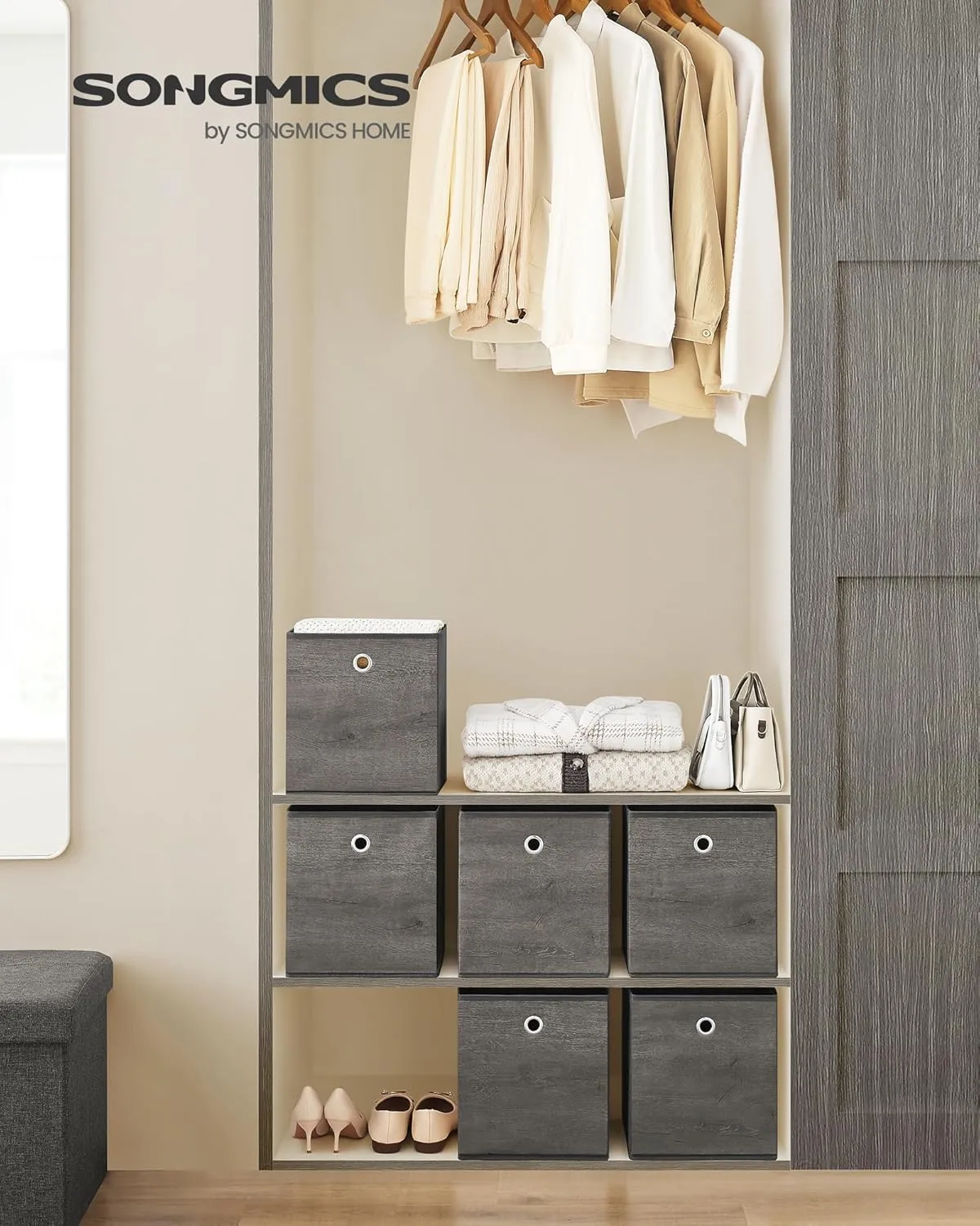 SONGMICS Storage Cubes, Set of 6 Storage Bins with Handles, Foldable Oxford Fabric and Non-Woven Fabric Storage Boxes, 10.2 x 10.2 x 11 Inches, Fit Cube Storage Unit, Misty Gray URFB126G01