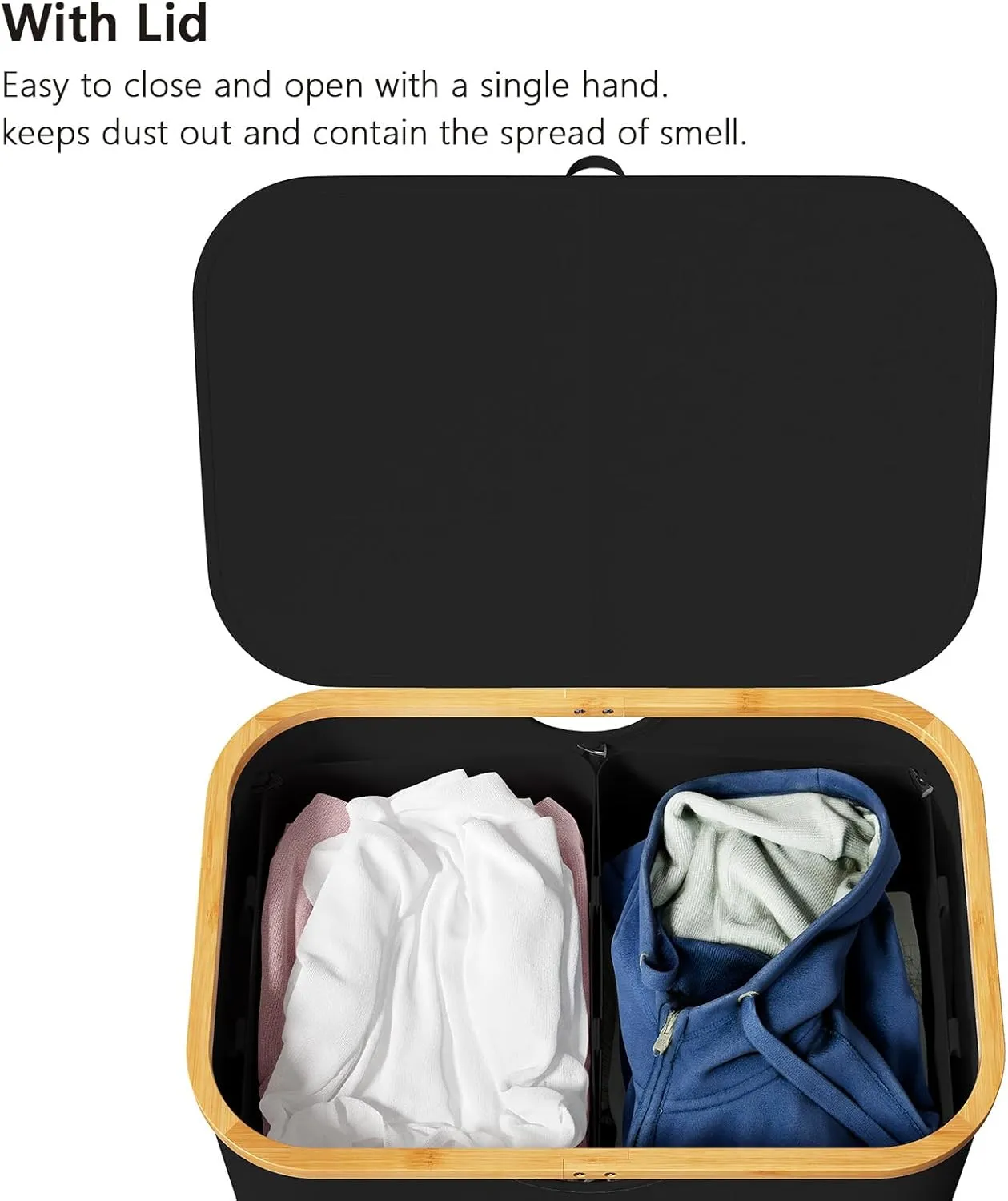 SpaceAid Double Laundry Hamper 2 Section with Lid and Removable Laundry Bags, 160L Clothes Basket with Bamboo Handles, Large Collapsible Hamper for Bedroom, Bathroom, Dorm, Laundry Room - Black
