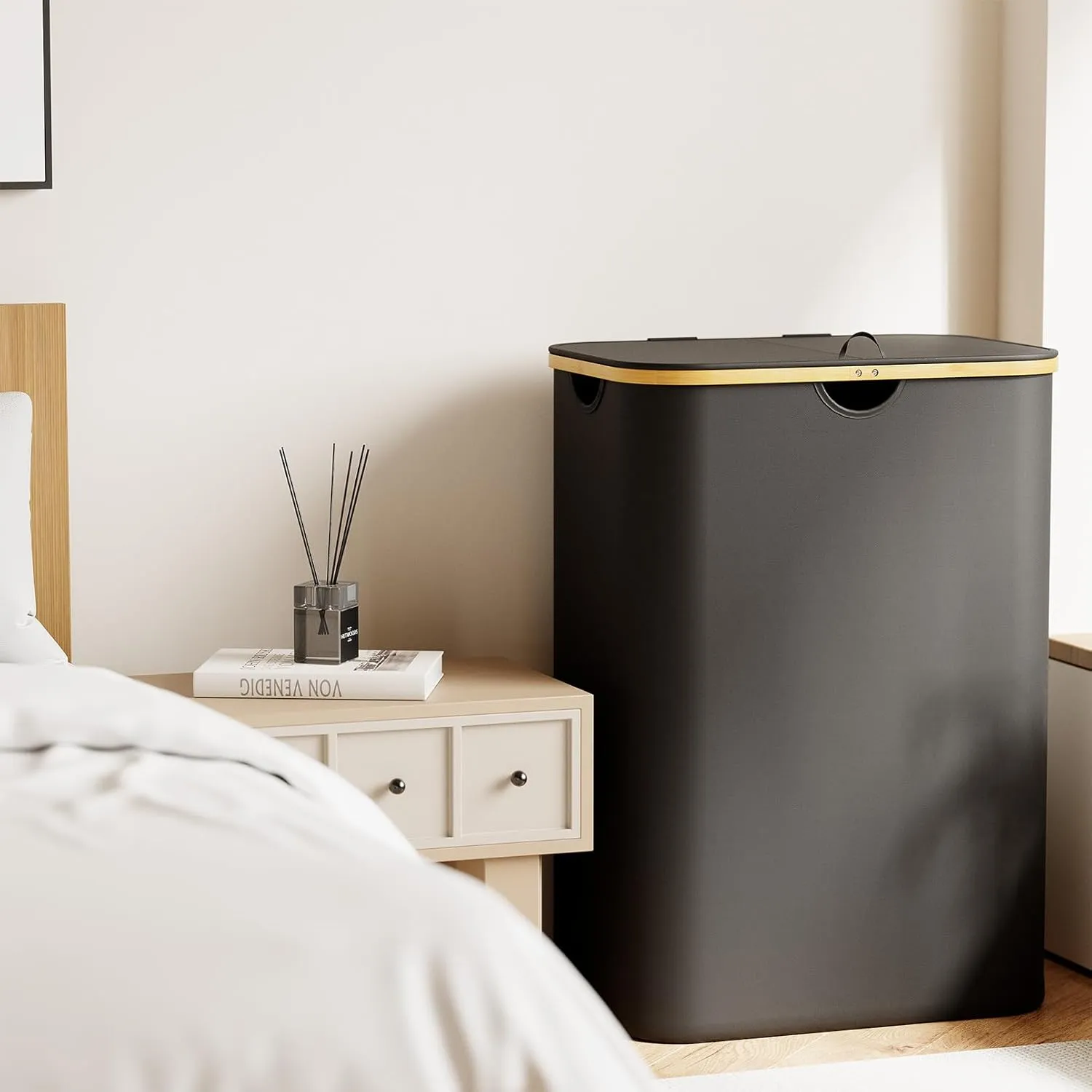 SpaceAid Double Laundry Hamper 2 Section with Lid and Removable Laundry Bags, 160L Clothes Basket with Bamboo Handles, Large Collapsible Hamper for Bedroom, Bathroom, Dorm, Laundry Room - Black