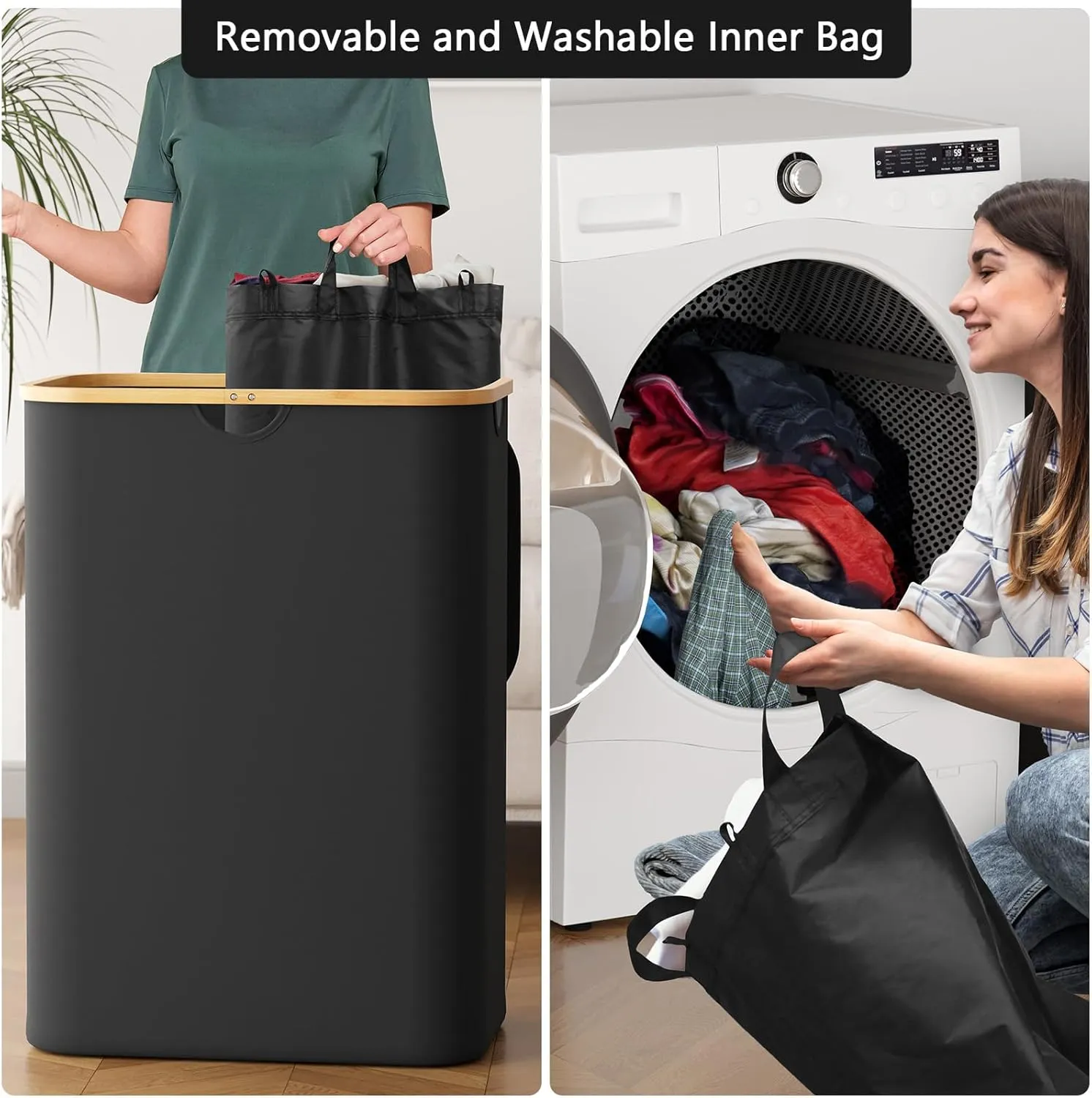 SpaceAid Double Laundry Hamper 2 Section with Lid and Removable Laundry Bags, 160L Clothes Basket with Bamboo Handles, Large Collapsible Hamper for Bedroom, Bathroom, Dorm, Laundry Room - Black
