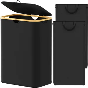 SpaceAid Double Laundry Hamper 2 Section with Lid and Removable Laundry Bags, 160L Clothes Basket with Bamboo Handles, Large Collapsible Hamper for Bedroom, Bathroom, Dorm, Laundry Room - Black
