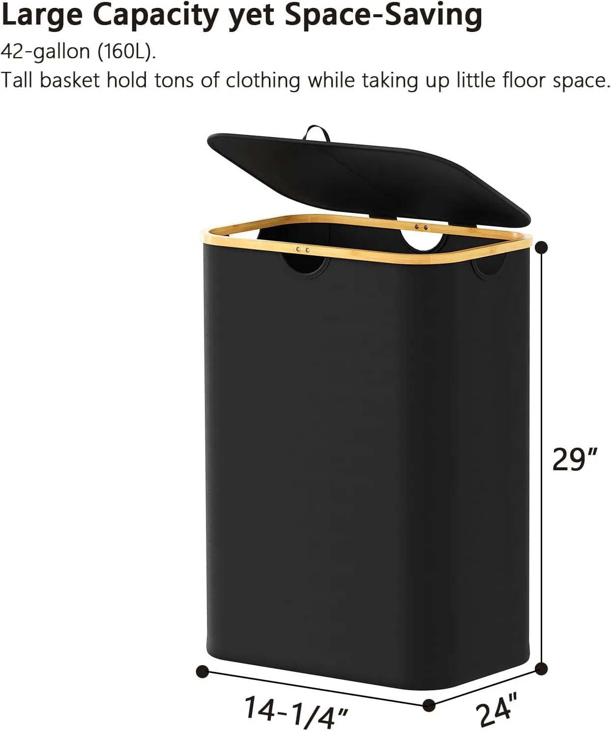 SpaceAid Double Laundry Hamper 2 Section with Lid and Removable Laundry Bags, 160L Clothes Basket with Bamboo Handles, Large Collapsible Hamper for Bedroom, Bathroom, Dorm, Laundry Room - Black