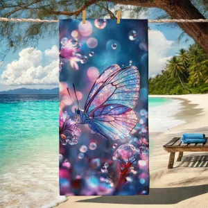 Sparkling Butterfly Microfiber Beach Towel Blue Glittering Insect Bath Towel, Quick Dry Absorbent Soft Sand Free Lightweight Beach Blanket, Vacation Pool Outdoor Picnic Essentials 62x31 Inch