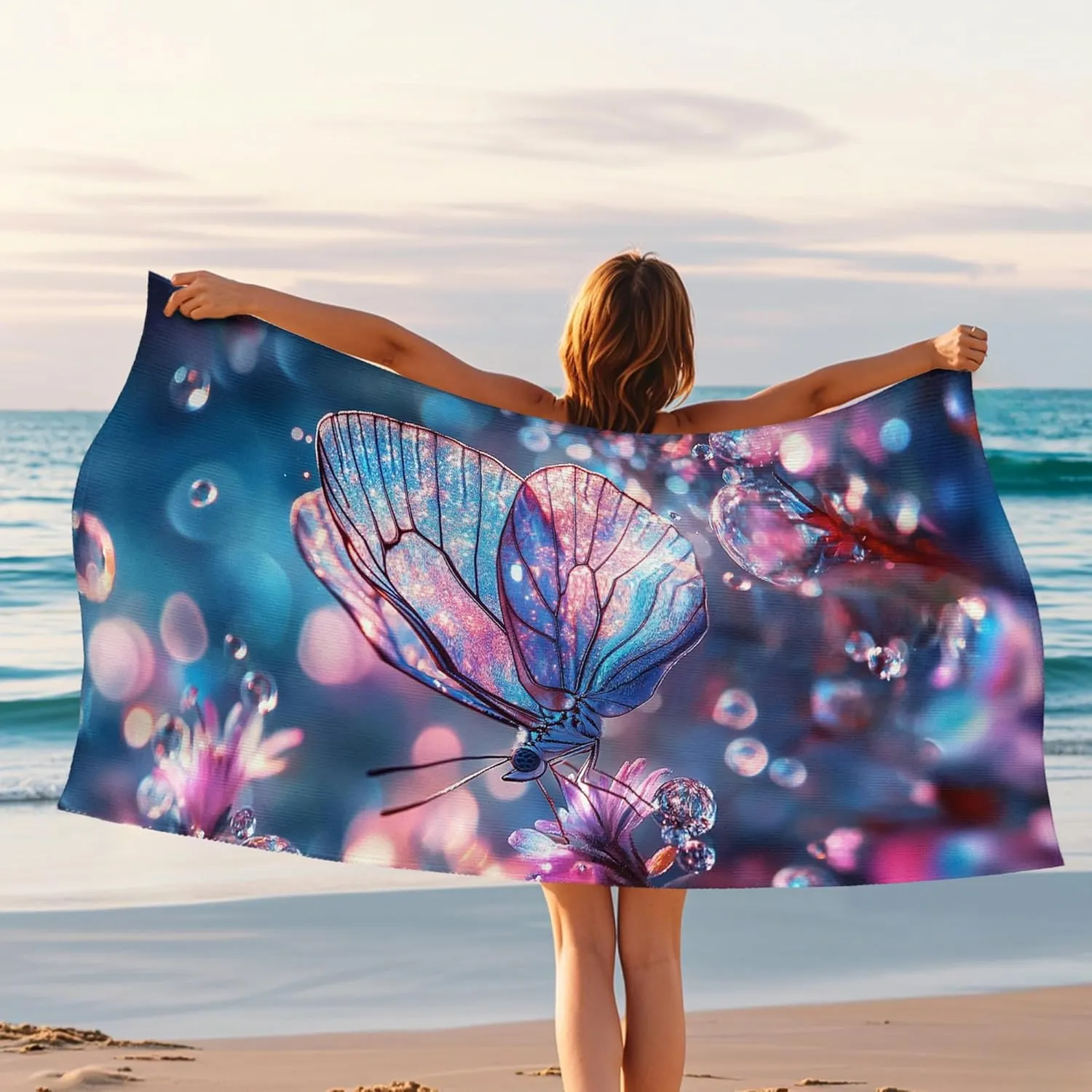 Sparkling Butterfly Microfiber Beach Towel Blue Glittering Insect Bath Towel, Quick Dry Absorbent Soft Sand Free Lightweight Beach Blanket, Vacation Pool Outdoor Picnic Essentials 62x31 Inch