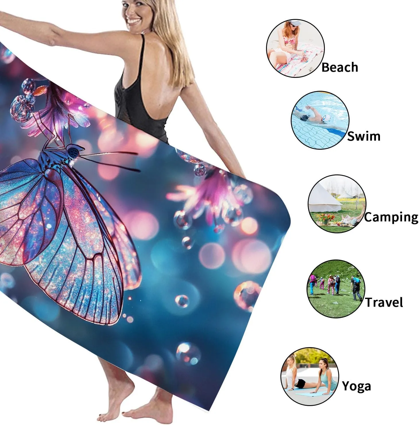 Sparkling Butterfly Microfiber Beach Towel Blue Glittering Insect Bath Towel, Quick Dry Absorbent Soft Sand Free Lightweight Beach Blanket, Vacation Pool Outdoor Picnic Essentials 62x31 Inch