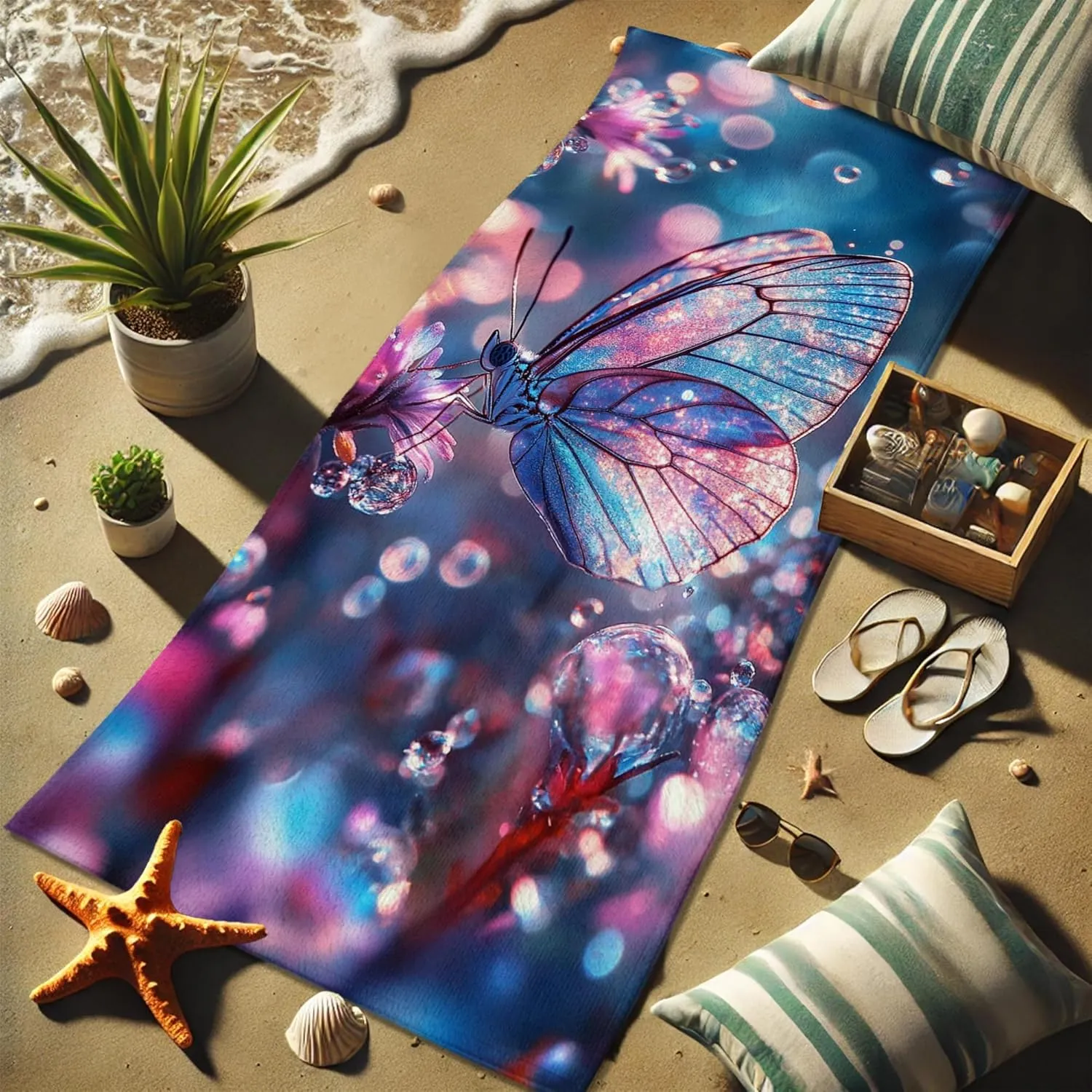 Sparkling Butterfly Microfiber Beach Towel Blue Glittering Insect Bath Towel, Quick Dry Absorbent Soft Sand Free Lightweight Beach Blanket, Vacation Pool Outdoor Picnic Essentials 62x31 Inch