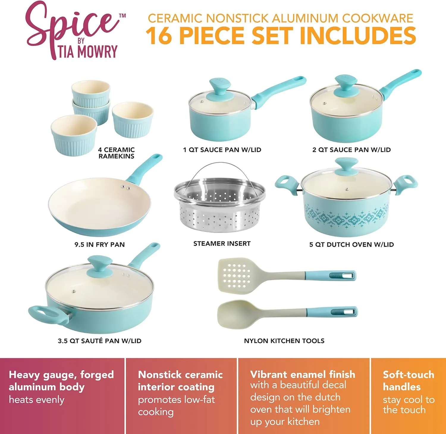 Spice by Tia Mowry Savory Saffron 16-Piece Healthy Nonstick Ceramic Cookware Set - Aqua Blue