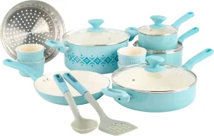 Spice by Tia Mowry Savory Saffron 16-Piece Healthy Nonstick Ceramic Cookware Set - Aqua Blue