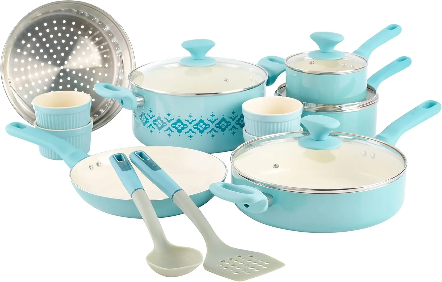 Spice by Tia Mowry Savory Saffron 16-Piece Healthy Nonstick Ceramic Cookware Set - Aqua Blue