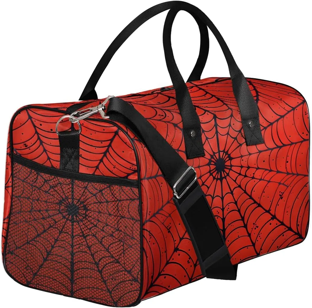 Spiders Web Travel Duffle Bag for Women Men Foldable Waterproof Weekender Bag Carry on Tote for Overnight Sports Gym Halloween Black and Red