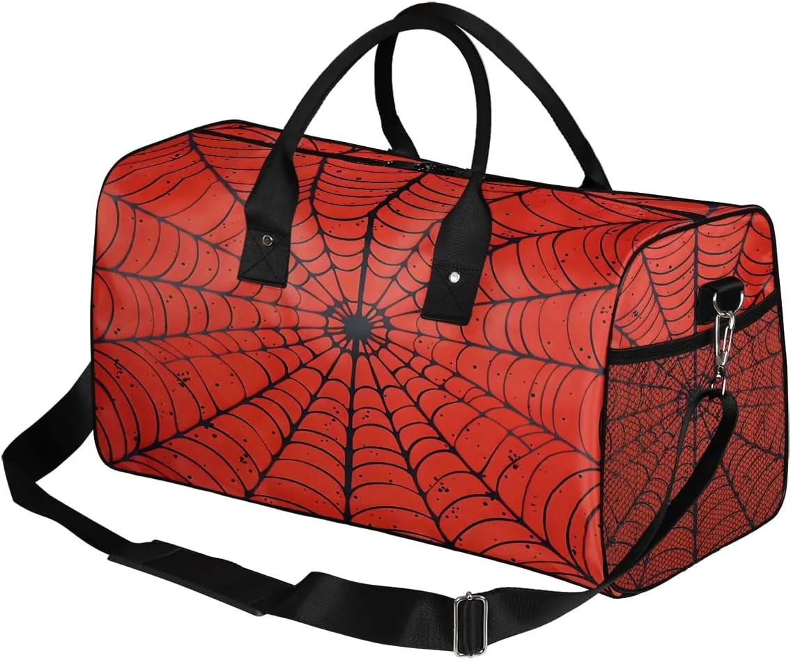 Spiders Web Travel Duffle Bag for Women Men Foldable Waterproof Weekender Bag Carry on Tote for Overnight Sports Gym Halloween Black and Red