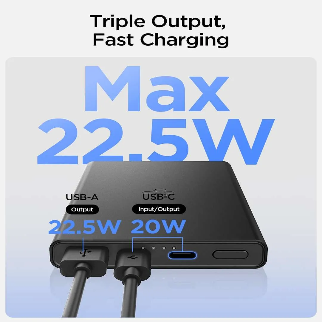 Spigen Durable Alloy Power Bank 10,000mAh, 22.5W Fast Charging Power Bank with PD3.0 20W for 2 USB-C Ports - Black