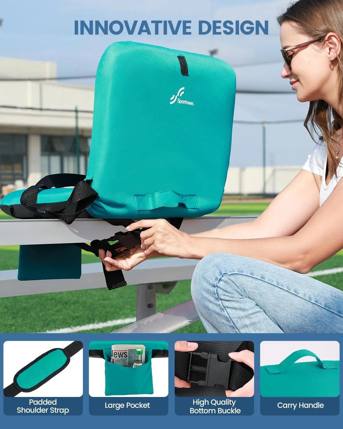 Sportneer Stadium Seats with Back Support: 6 Reclining Position Folding Bleacher Chairs with Back and Cushion - Padded Bleacher Seats with Shoulder Strap & Storage pocket for Events, Outdoors, Camping