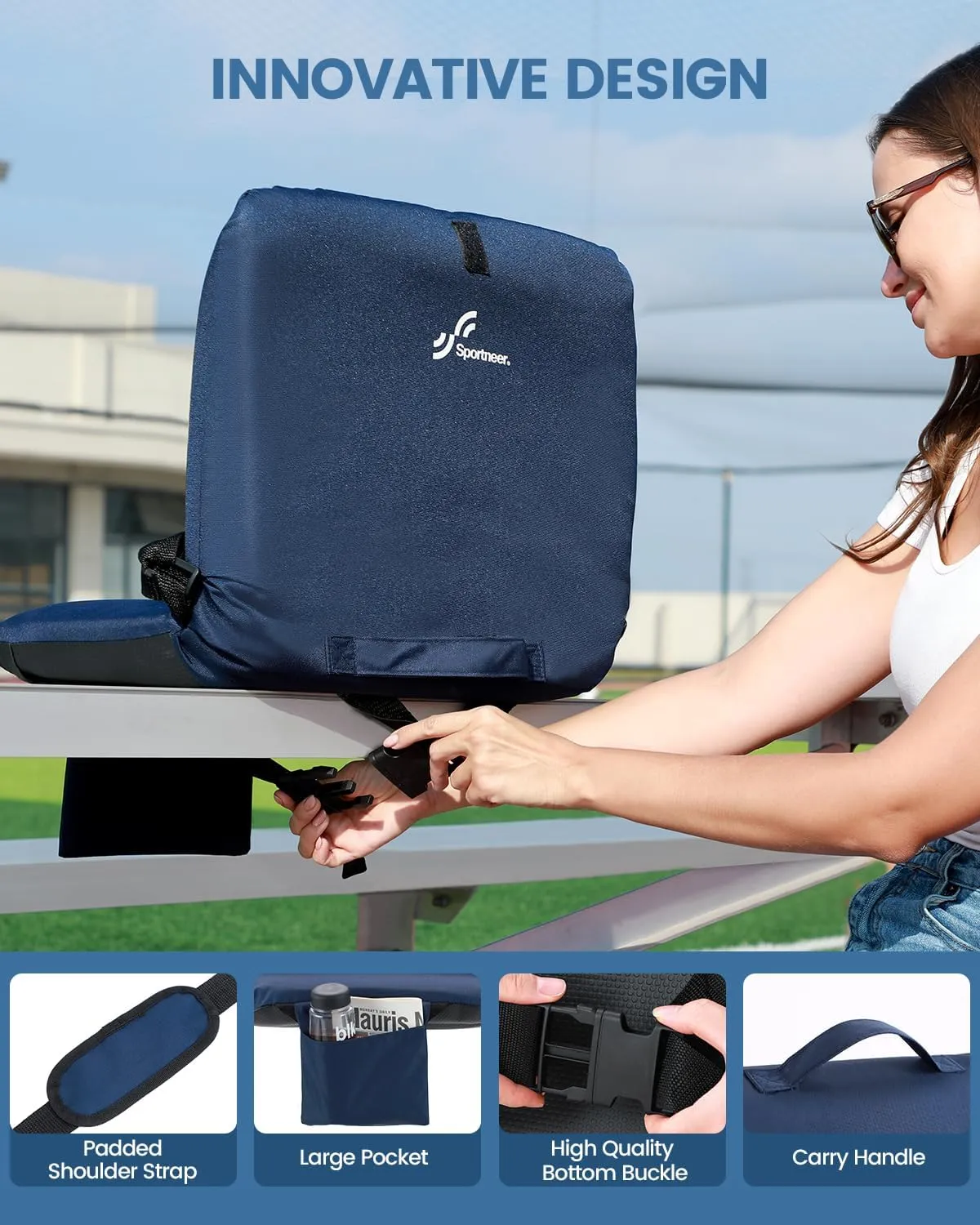 Sportneer Stadium Seats with Back Support: 6 Reclining Position Folding Bleacher Chairs with Back and Cushion - Padded Bleacher Seats with Shoulder Strap & Storage pocket for Events, Outdoors, Camping
