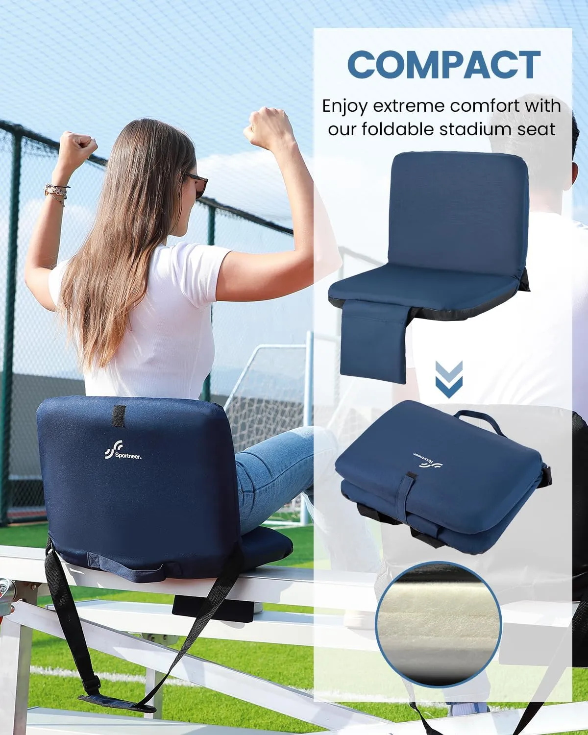 Sportneer Stadium Seats with Back Support: 6 Reclining Position Folding Bleacher Chairs with Back and Cushion - Padded Bleacher Seats with Shoulder Strap & Storage pocket for Events, Outdoors, Camping