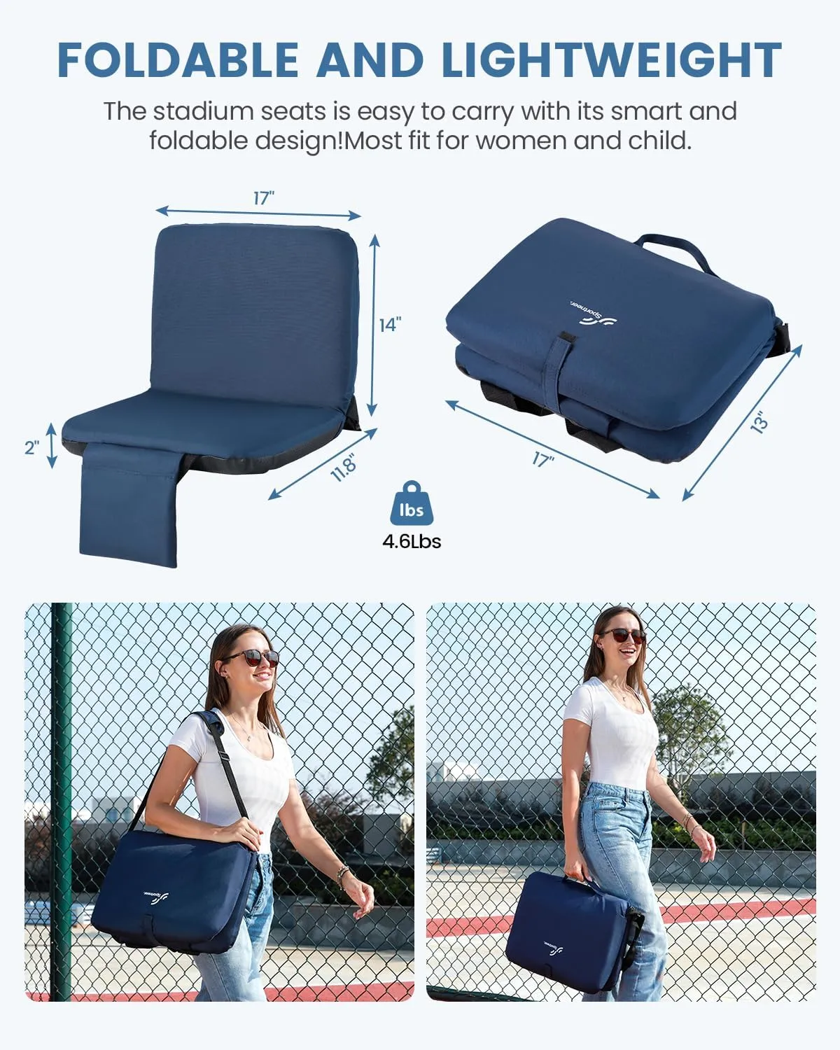 Sportneer Stadium Seats with Back Support: 6 Reclining Position Folding Bleacher Chairs with Back and Cushion - Padded Bleacher Seats with Shoulder Strap & Storage pocket for Events, Outdoors, Camping