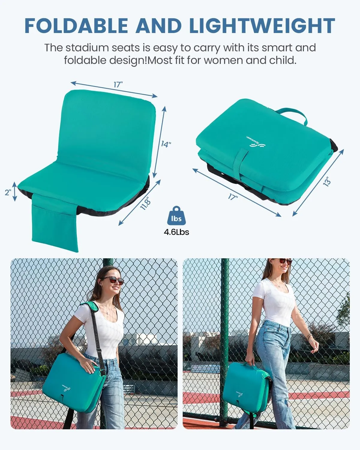 Sportneer Stadium Seats with Back Support: 6 Reclining Position Folding Bleacher Chairs with Back and Cushion - Padded Bleacher Seats with Shoulder Strap & Storage pocket for Events, Outdoors, Camping