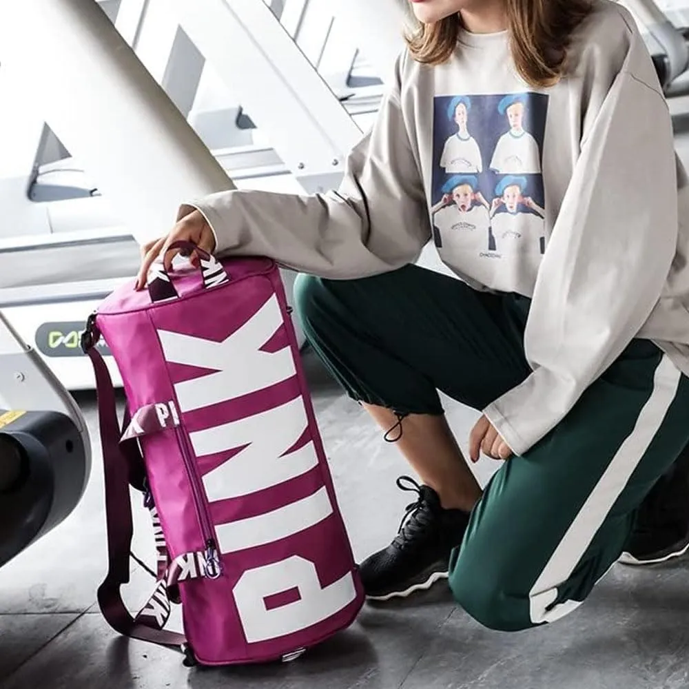 Sports Gym Bag Large Capacity Travel Duffel Bag Sport Shoes Bag with Wet Pocket Compartment for Men and Women Lightweight Multiple Colors PINK Logo (Purple)