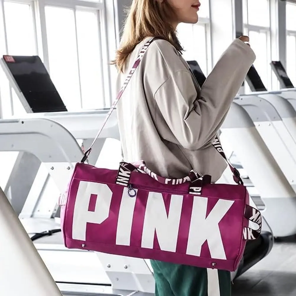 Sports Gym Bag Large Capacity Travel Duffel Bag Sport Shoes Bag with Wet Pocket Compartment for Men and Women Lightweight Multiple Colors PINK Logo (Purple)