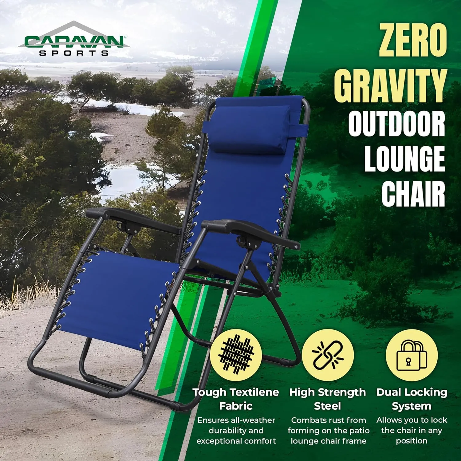 Sports Zero Gravity Outdoor Portable Folding Camping Lawn Deck Patio Pool Recliner Lounge Chair for Adults, Adjustable Headrest, Blue