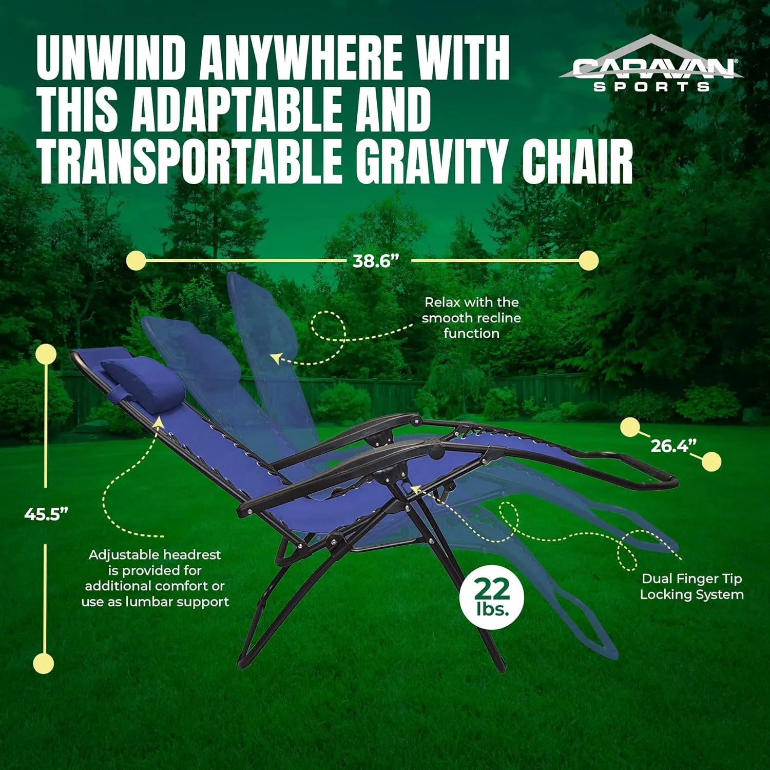 Sports Zero Gravity Outdoor Portable Folding Camping Lawn Deck Patio Pool Recliner Lounge Chair for Adults, Adjustable Headrest, Blue