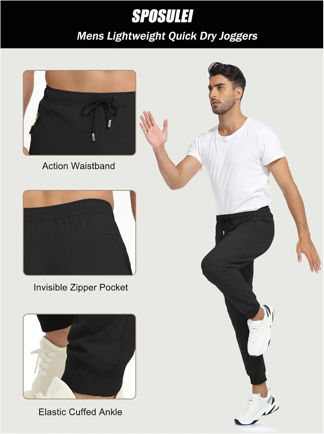 SPOSULEI Mens Joggers Lightweight Athletic Hiking Pants Quick Dry Running Track Gym Sweatpants with Zipper Pockets