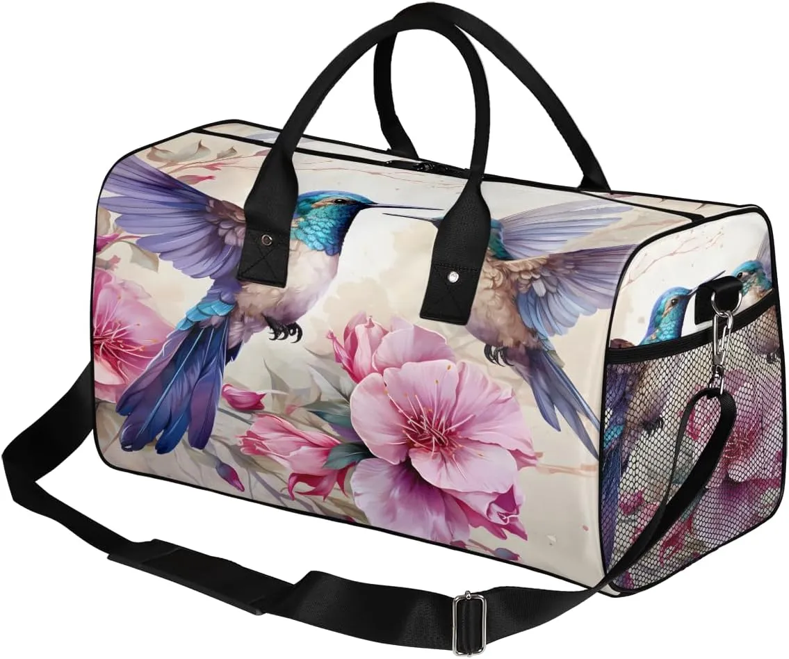 Spring Hummingbird Travel Duffle Bag for Women Men Foldable Waterproof Weekender Bag Carry on Tote for Overnight Sports Gym Floral Bird