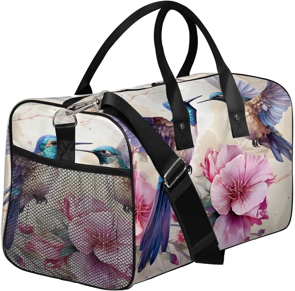 Spring Hummingbird Travel Duffle Bag for Women Men Foldable Waterproof Weekender Bag Carry on Tote for Overnight Sports Gym Floral Bird