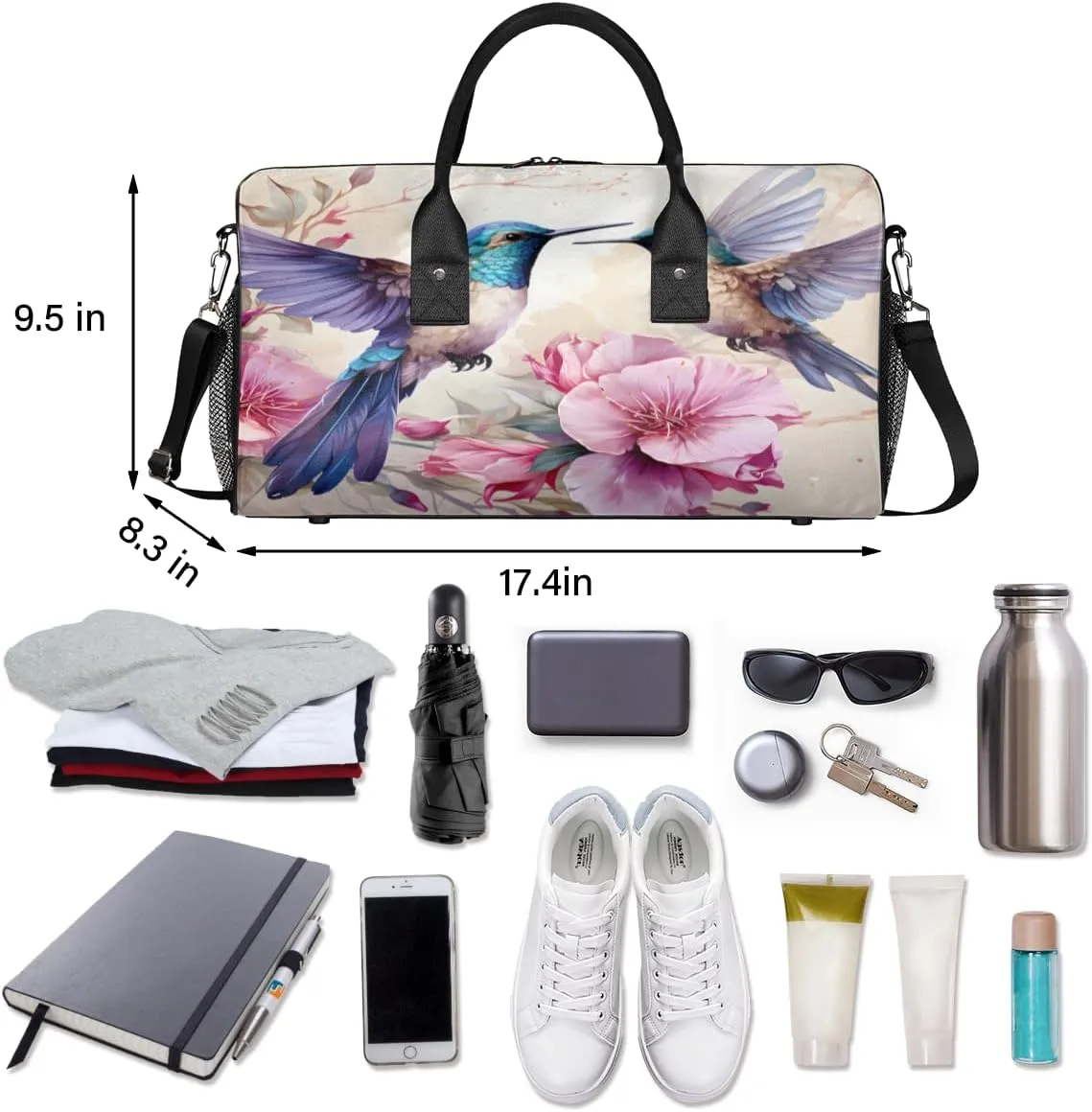 Spring Hummingbird Travel Duffle Bag for Women Men Foldable Waterproof Weekender Bag Carry on Tote for Overnight Sports Gym Floral Bird