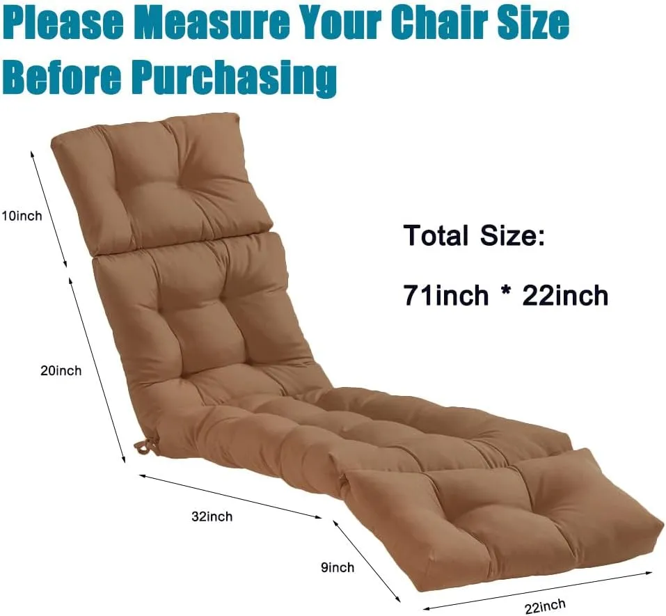 Srutirbo Waterproof Chaise Lounge Chair Cushions Long Bench Cushion for Outdoor Furniture, All Weather Replacement Indoor Outdoor Padded Recliner Chair Cushion with String Ties (Brown)