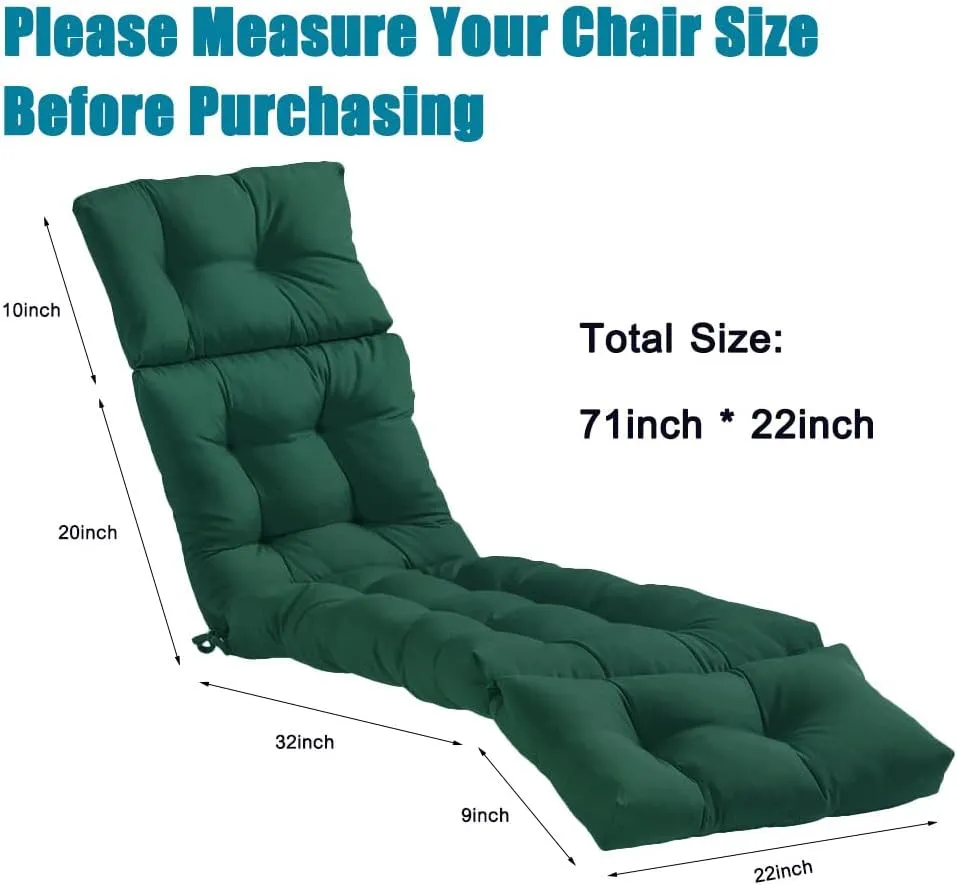 Srutirbo Waterproof Chaise Lounge Chair Cushions Long Bench Cushion for Outdoor Furniture, All Weather Replacement Indoor Outdoor Padded Recliner Chair Cushion with String Ties (Green)