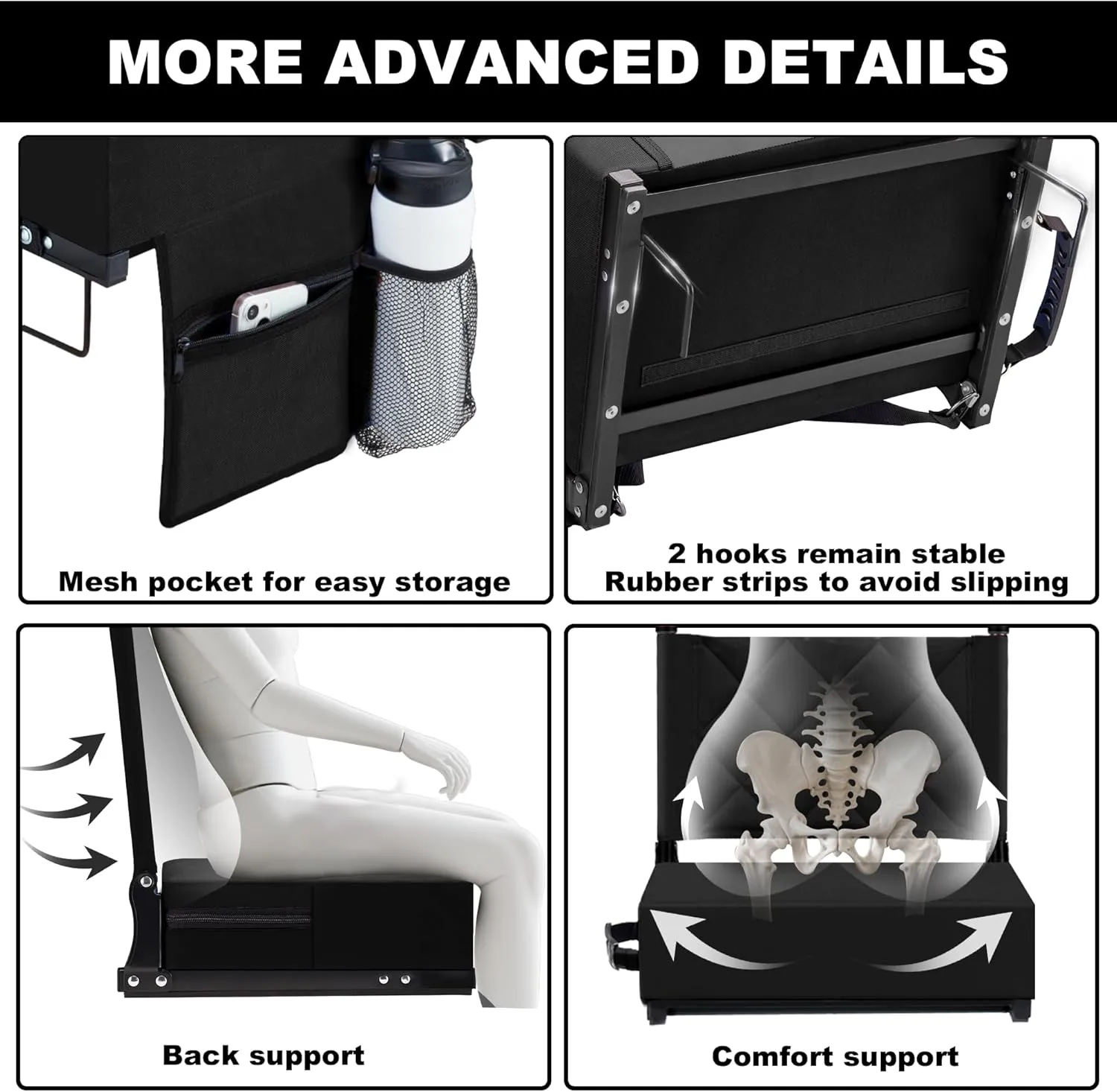 Stadium Seats with Back Support and Cushion Thick Padded Bleacher Chairs with Shoulder Strap, Portable Folding Stadium Seat Chairs for Bleachers Include Cup Holder and Side Pocket
