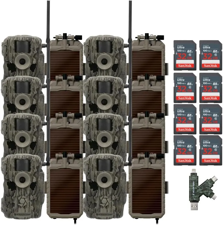 Stealth Cam Fusion MAX Dual Sim 36MP Trail Camera (2-Pack) x 4 Bundle with Stealth Cam Solar Battery (8-Pack), 32GB Memory Card (8-Pack), and Card Reader (21 Items)