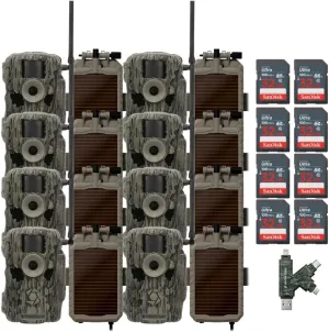 Stealth Cam Fusion MAX Dual Sim 36MP Trail Camera (2-Pack) x 4 Bundle with Stealth Cam Solar Battery (8-Pack), 32GB Memory Card (8-Pack), and Card Reader (21 Items)