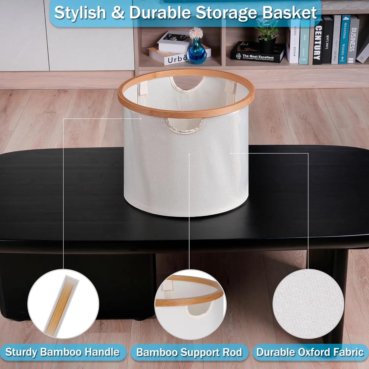 Storage Baskets for Organizing, Fabric Storage Bins with Bamboo Handles, Collapsible Storage Baskets for Shelves and Closet,Medium, Beige Set of 2