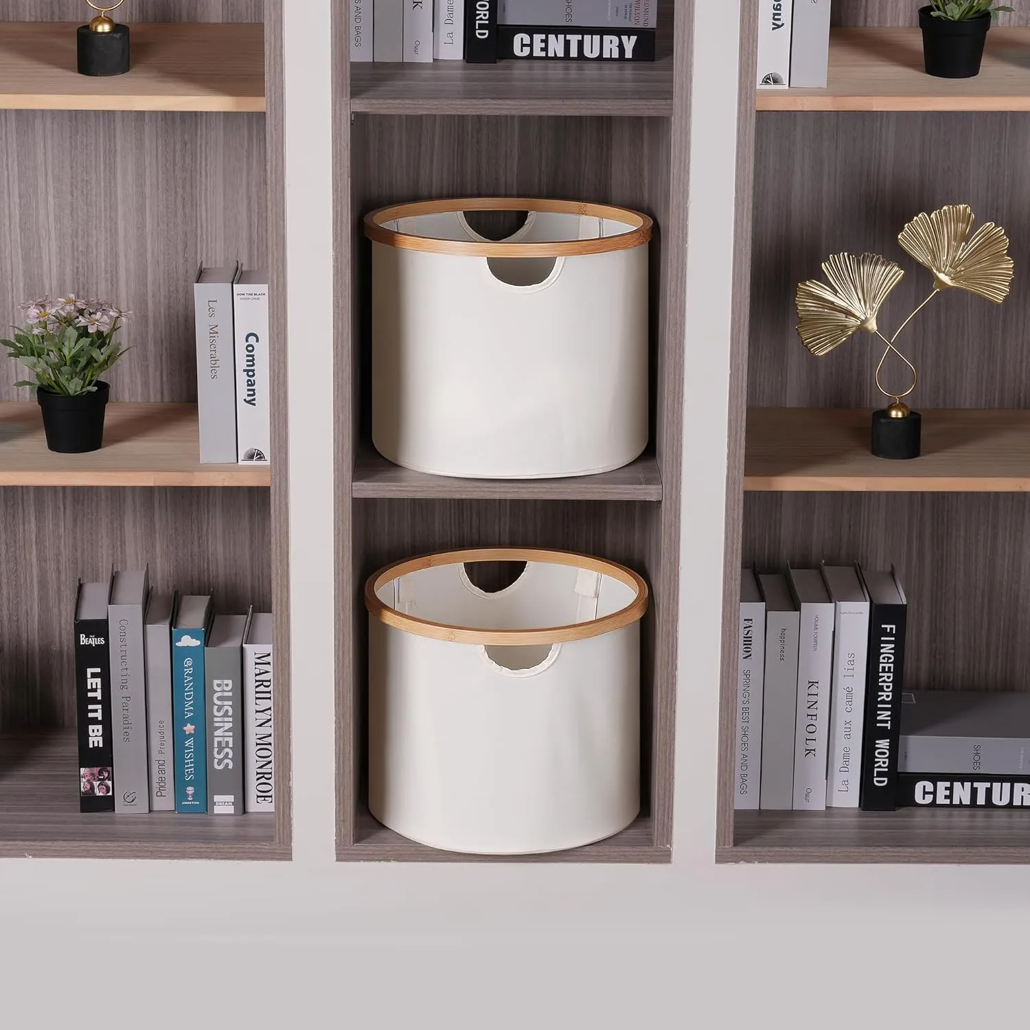 Storage Baskets for Organizing, Fabric Storage Bins with Bamboo Handles, Collapsible Storage Baskets for Shelves and Closet,Medium, Beige Set of 2