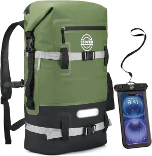 STOVER 5/10/25/30/40/55L Waterproof Dry Backpack & Phone Case- Large Floating Dry Bag for Kayaking, Travel, Hiking, Fishing, Camping, Motorcycles & Beach, Heavy-Duty Roll Top Men/Women (Green)
