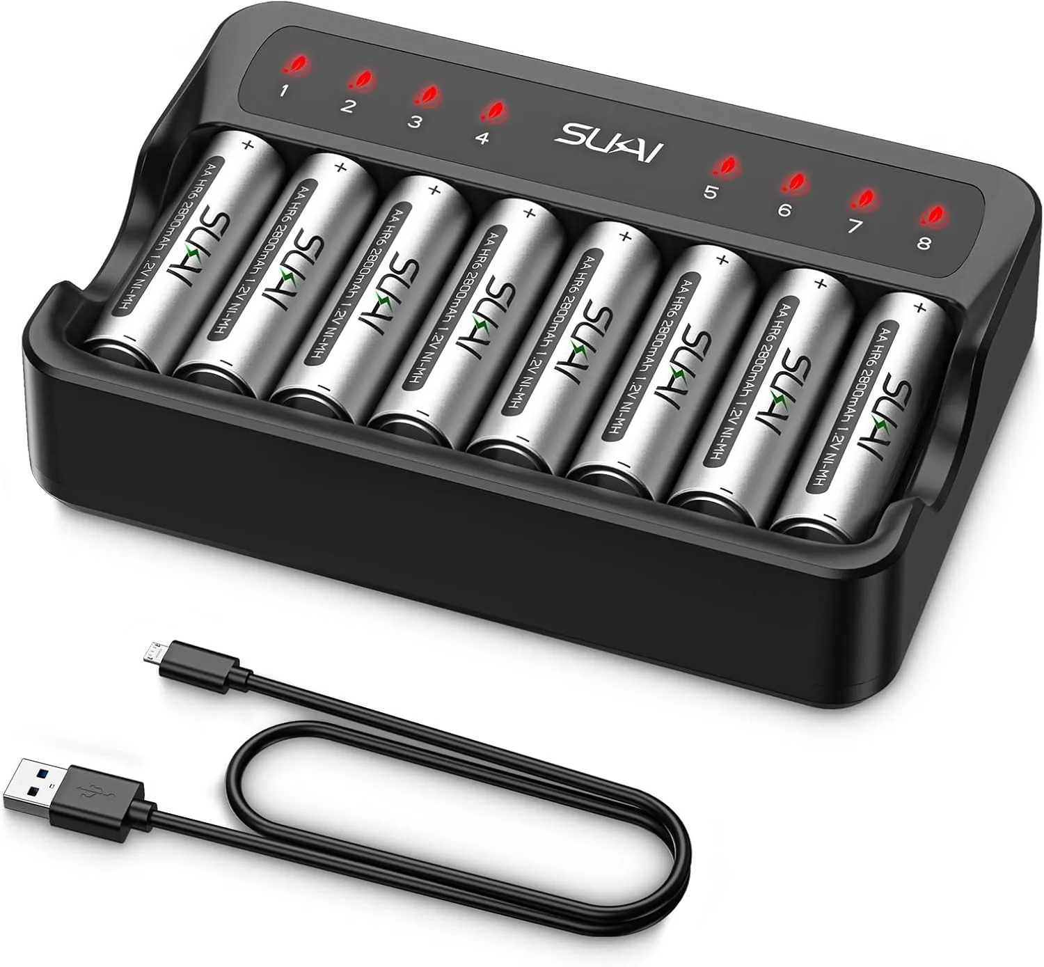 SUKAI Rechargeable AA Batteries with Charger, 8 Count 2800mAh High Capacity and Low-self Discharge 1.2V Ni-MH Double A Batteries, with Smart Battery Charger for AA AAA, USB or Type-C Fast Charging