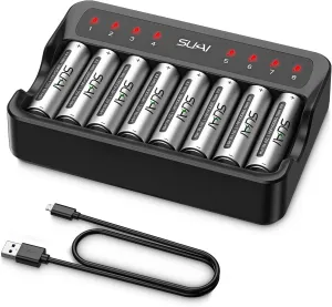 SUKAI Rechargeable AA Batteries with Charger, 8 Count 2800mAh High Capacity and Low-self Discharge 1.2V Ni-MH Double A Batteries, with Smart Battery Charger for AA AAA, USB or Type-C Fast Charging
